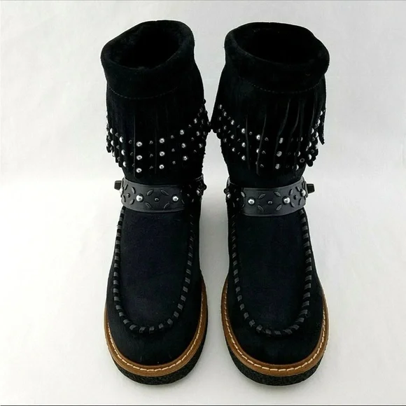 COACH ROCCASIN Black Fringe Silver Studded Suede Shearling Moccasin Boots NWOT 7 - Picture 3 of 15
